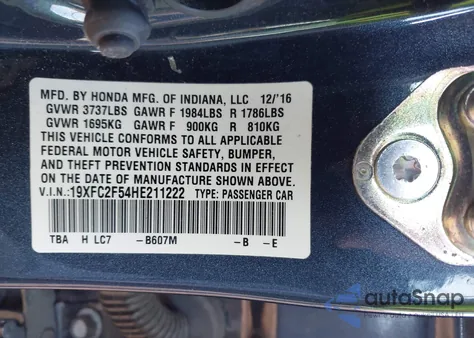 2017 Honda Civic Lx z USA, uszkodzony, nr VIN 19XFC2F54HE211222